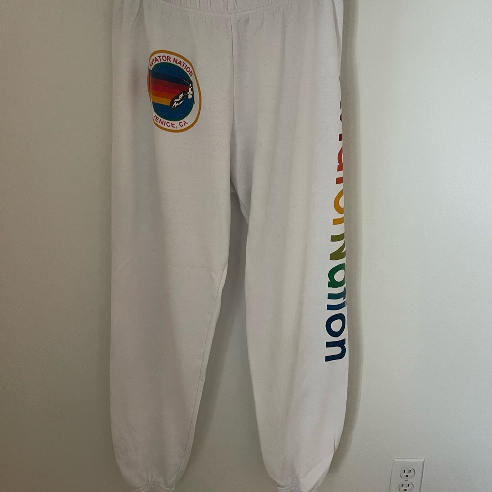 Aviator Nation White Joggers with Rainbow Logo